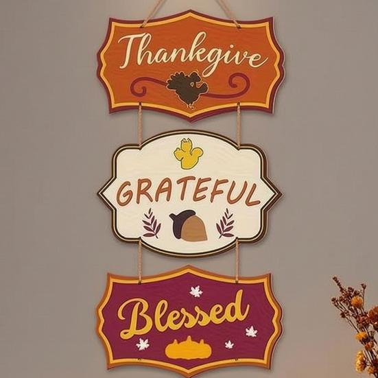 Wooden Door Sign, Farmhouse Autumn Hanging Decor  with Turkey Acorns, 3-Section Waterproof Porch Wall Sign, Prestrung Cotton Rope for Thanksgiving