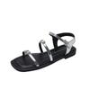 Fashion Summer Sandals Women's Fashion Square Head Shallow Mouth Crystal Metal Buckle Line with Soft Soled Non-slip Flat Shoes