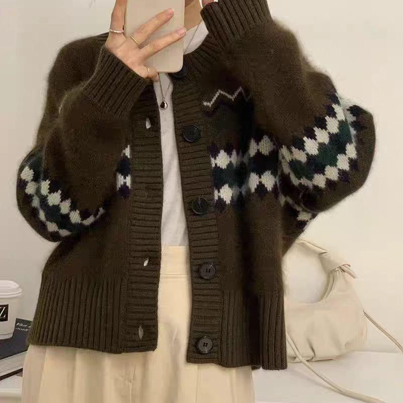 Women's Autumn Wool Knit Jacquard Cardigan: Short, Loose, Soft, Fluffy Round-Neck Sweater Jacket