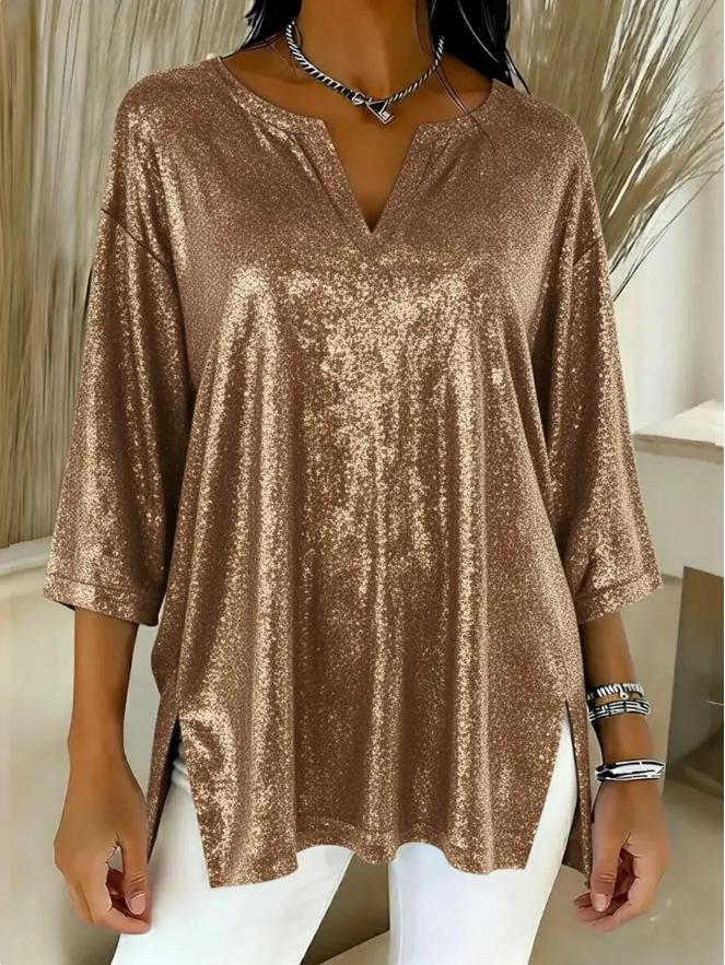 2025 Women's Shiny V-Neck Loose Split Sleeve Top