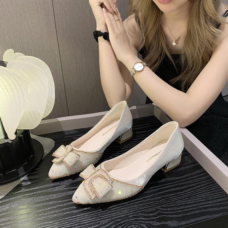 Fashion Gentle French Chunkiness 2025 New Spring Rhinhette High Heels Large Size Shallow Mouth Pointed Single Shoes
