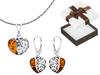 Openwork Oxidized Silver Heart Jewelry Set with Amber