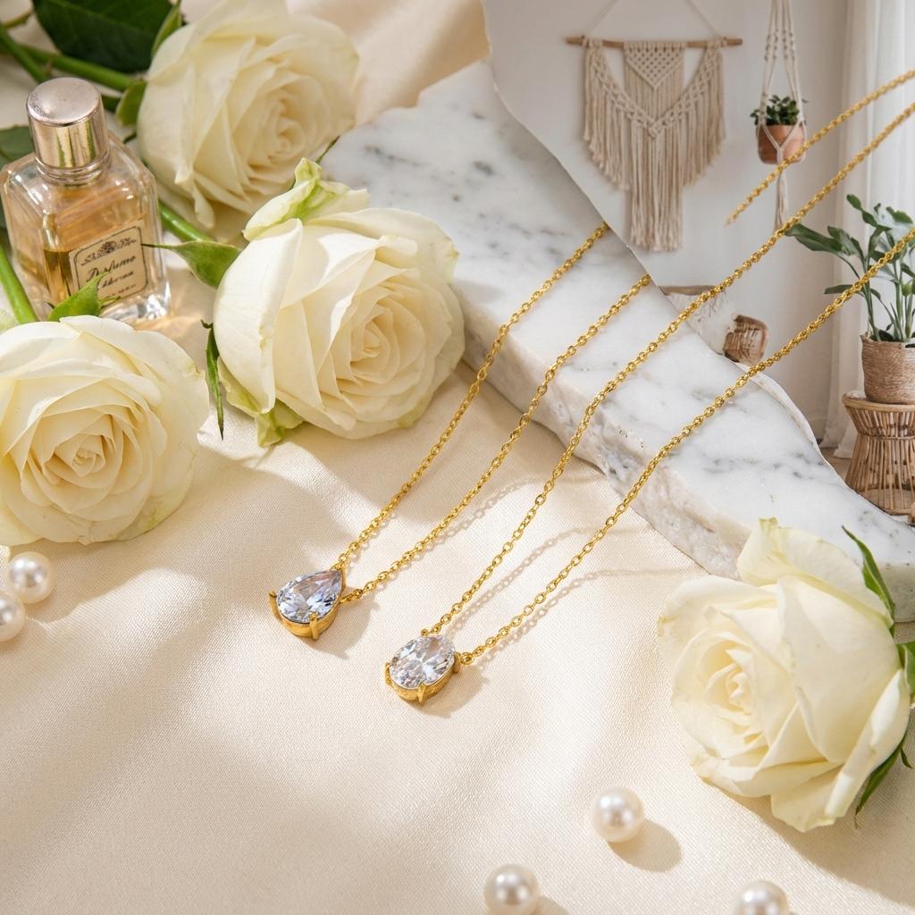 Stainless steel zircon oval circular water droplet pendant necklace with gold plating and color preservation