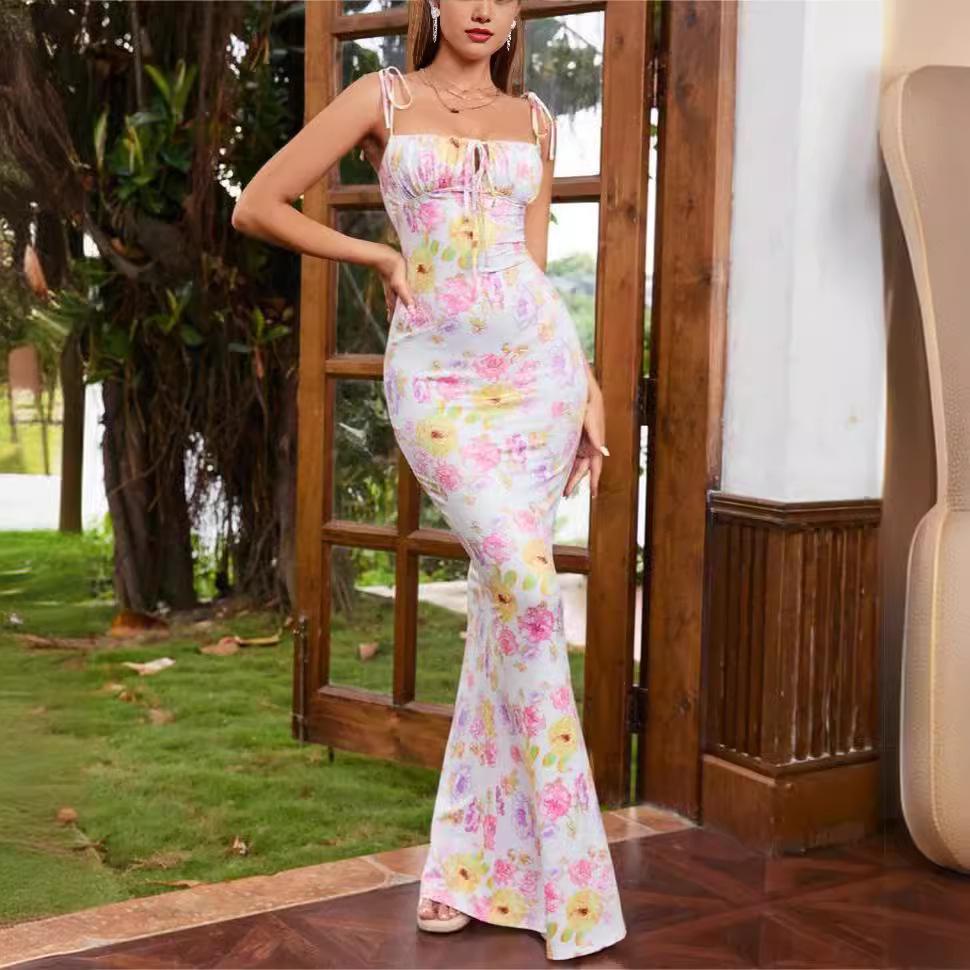 European and American sexy women's clothing new floral slim-fit dress sleeveless suspender long dress hip skirt