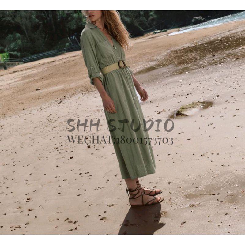 Spring and Summer New Casual V-neck Hemming Sleeve Jute Belt Shirt Style Dress 8372077 4387062