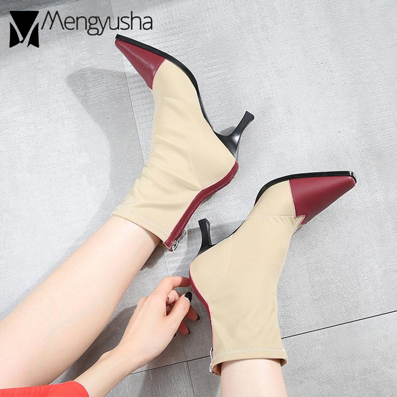 Модные женские сапоги-носки из овчины и эластичной ткани в стиле пэчворк на высоком — фото 7