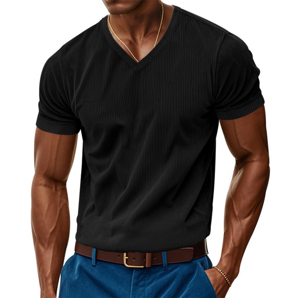 Men's American Style Loose Casual V-neck Short Sleeve Corduroy T-shirt Skin-friendly Amekaji Tee Summer