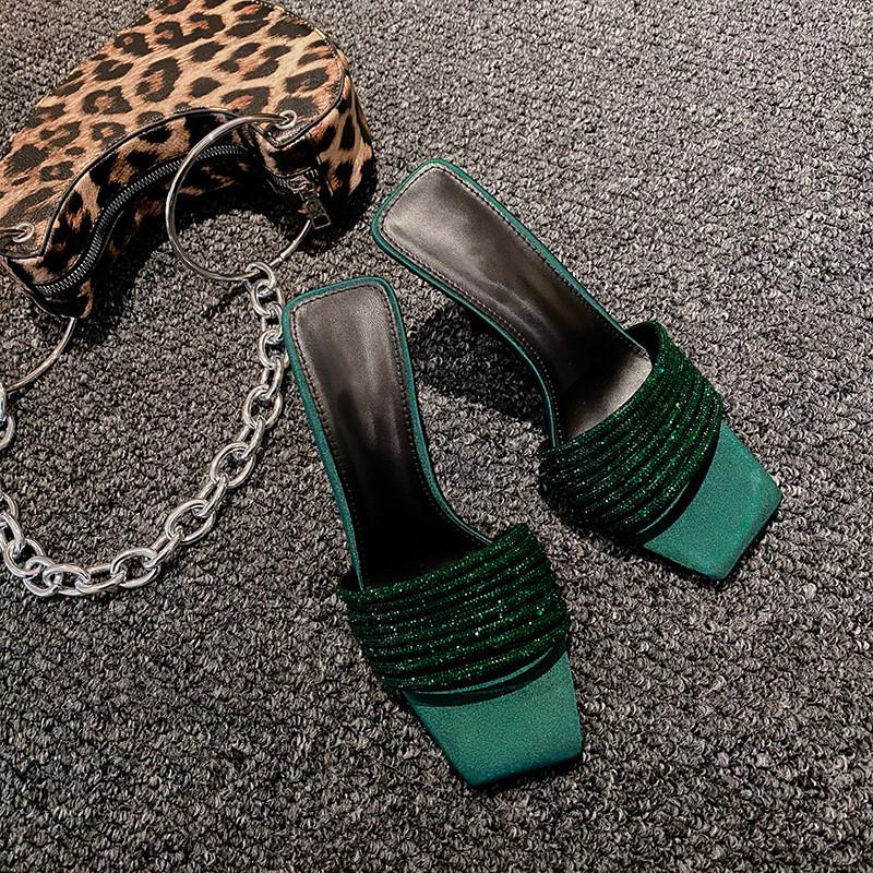 

Fashion Bling Bling Luxury Crystal Square toe Women Slippers Sandals Fashion Narrow band Stiletto High heels Mules Slides Modern Shoes 40