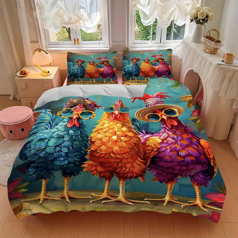 3pcs Colorful Chickens Duvet Cover Set, 1 Duvet Cover + 2 Pillowcases (No Insert), High-Definition Print, Home & Dorm Yy251123042