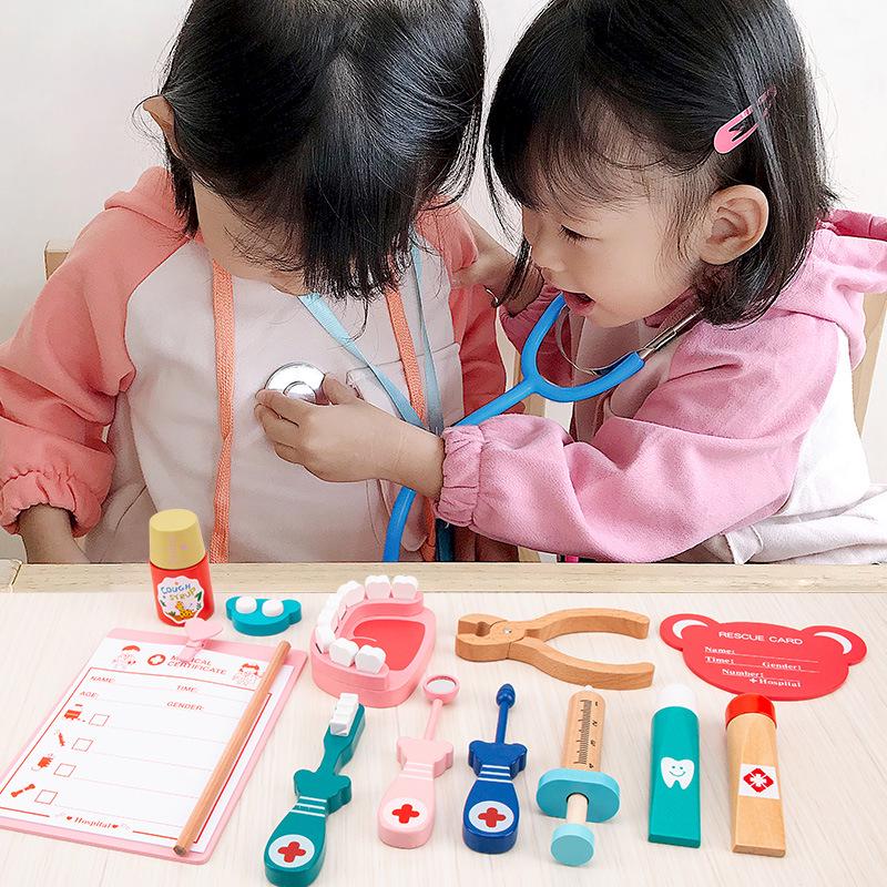 Wooden Toddler Doctor Kit: Nurse Bag Pretend Play Toy Set