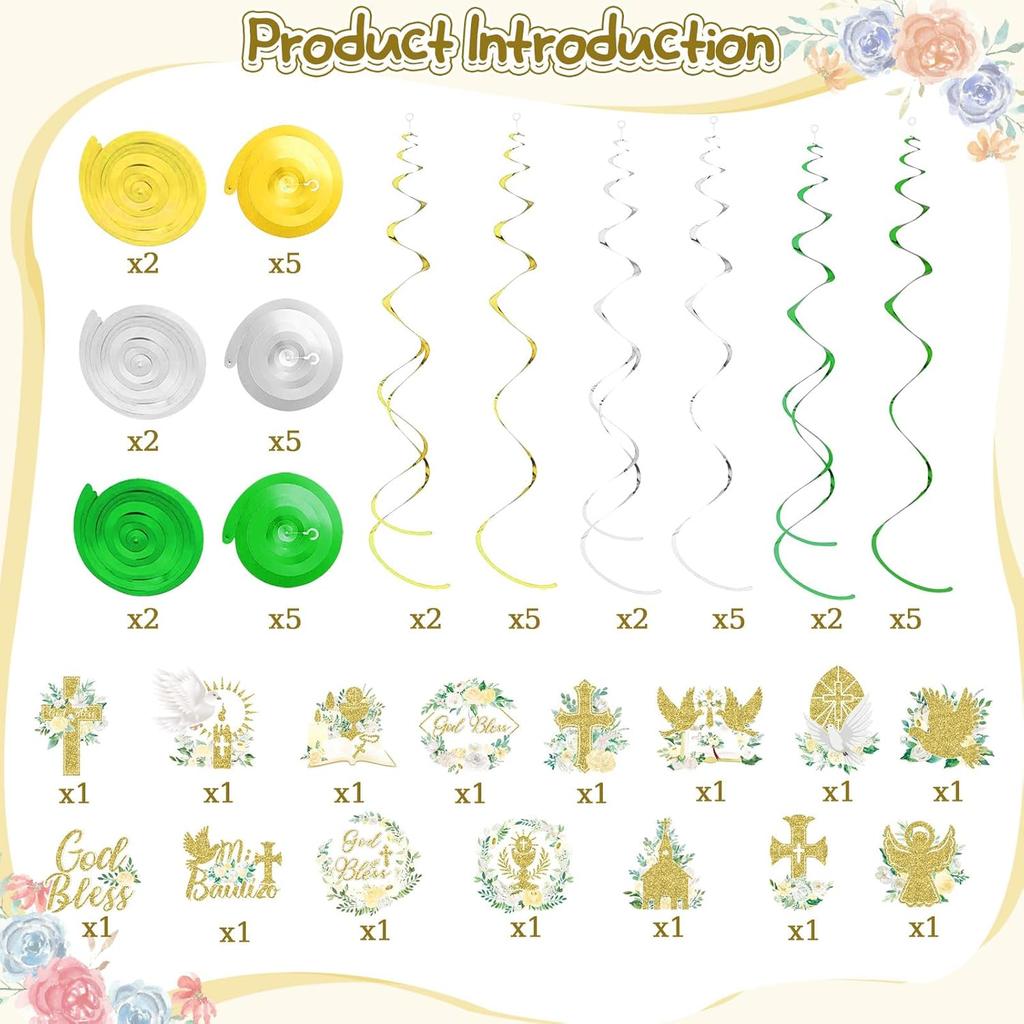 36 Pcs Gold Floral Cross Hanging Swirls Decorations Set, First Holy Communion Ceremony Religious Party Swirls Streamers Supplies Ceiling Decor for