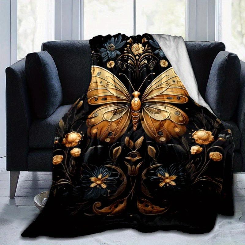 1pc Golden Butterfly Printing Lightweight Flannel Blanket, Comfortable and Warm Blanket, for Camping Sofa Bed and Couch Office, Gift