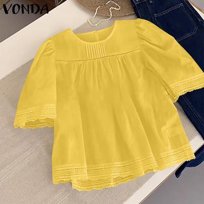 Women Summer Round Neck Lace Short Sleeve Blouses