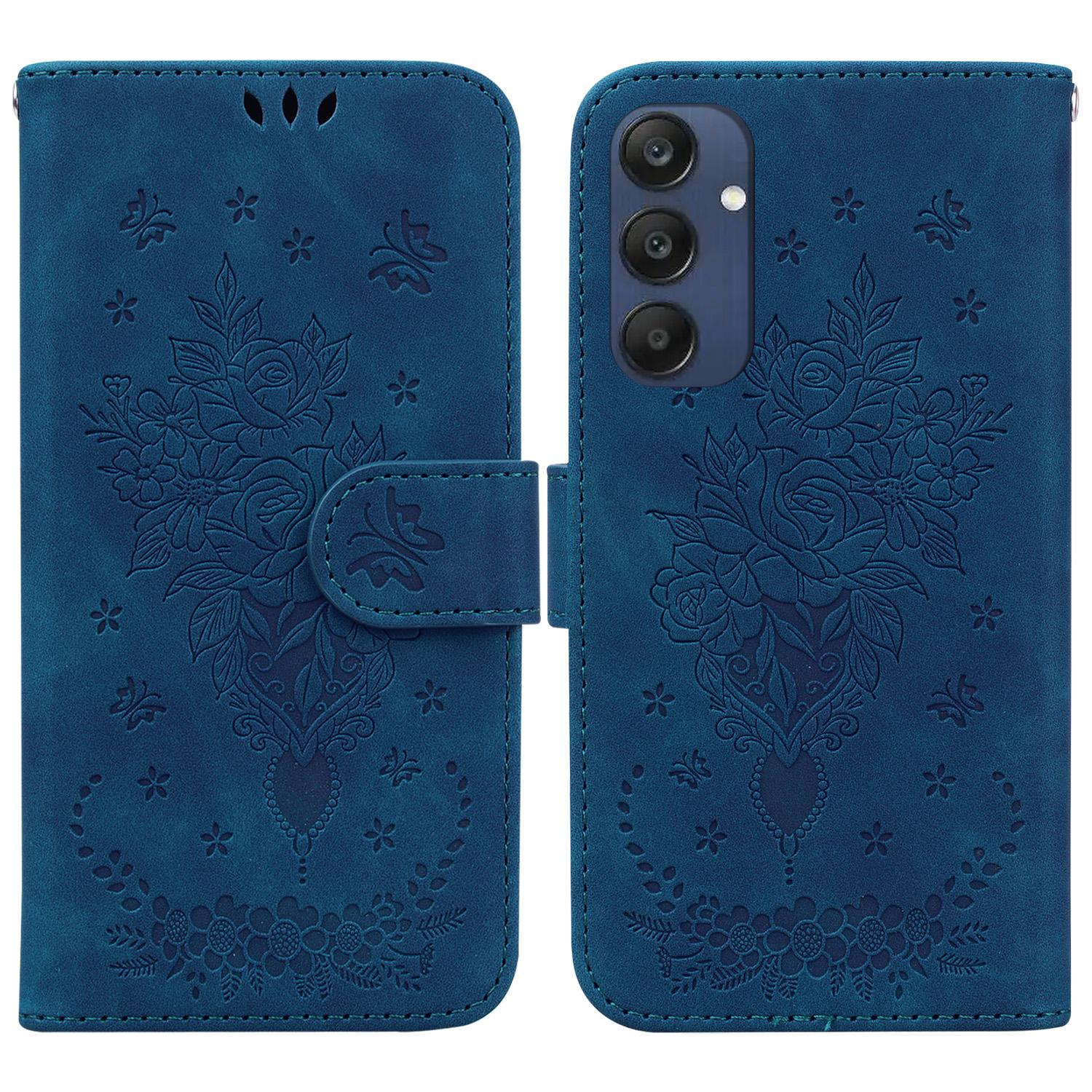 

For Samsung Galaxy M35 5G Case Butterfly Flower Imprint PU Leather Wallet Phone Cover Blue