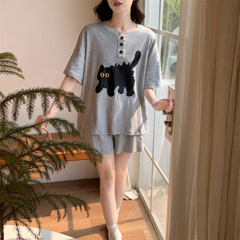 Summer cute cartoon cat print Women's Pajamas Set O-Neck T shirt & Shorts Sleepwear 2 Pieces sets pajama for girl Youth Homewear