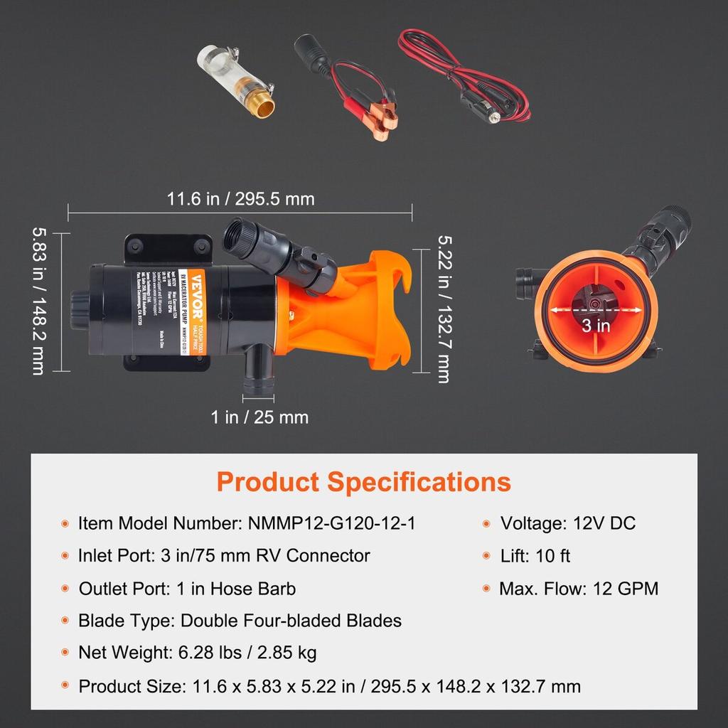RV Portable Macerator Pump, 12V, 12GMP Quick Release RV Waste Pump, RV Sewage Sewer Pump with Detachable Quick Connection Valve Metal Hose Clamp Power