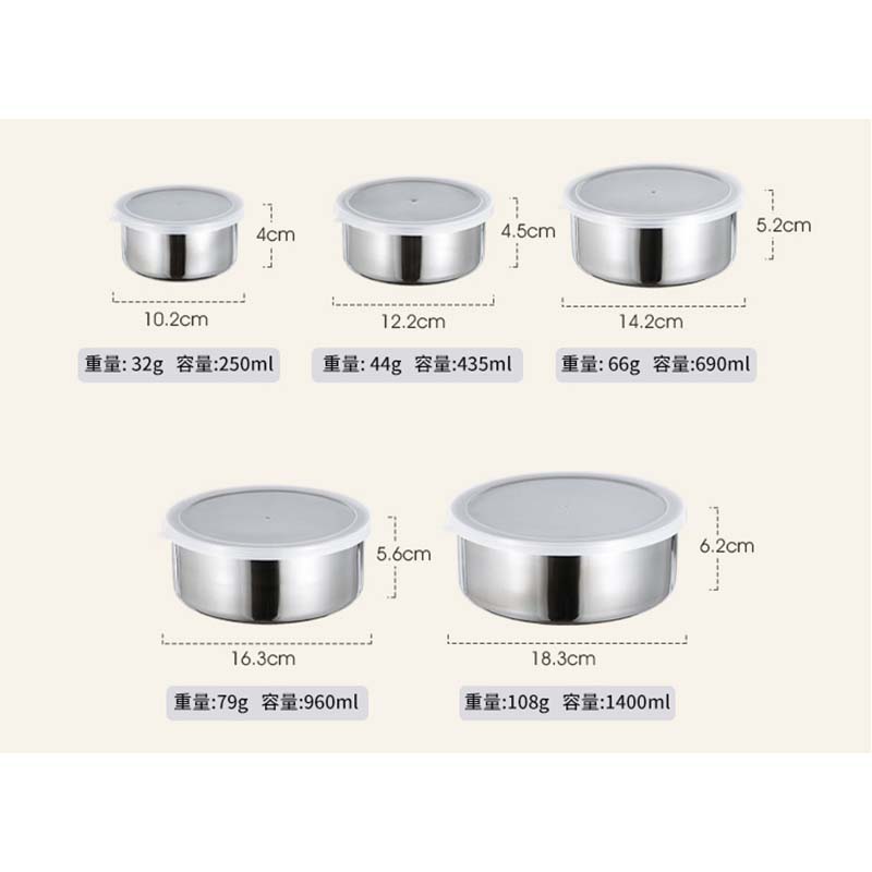 5 In 1 Stainless Steel Fresh-keeping Box Five Piece Set, Kitchen Refrigerator Fresh-keeping Storage Can, Round with Lid