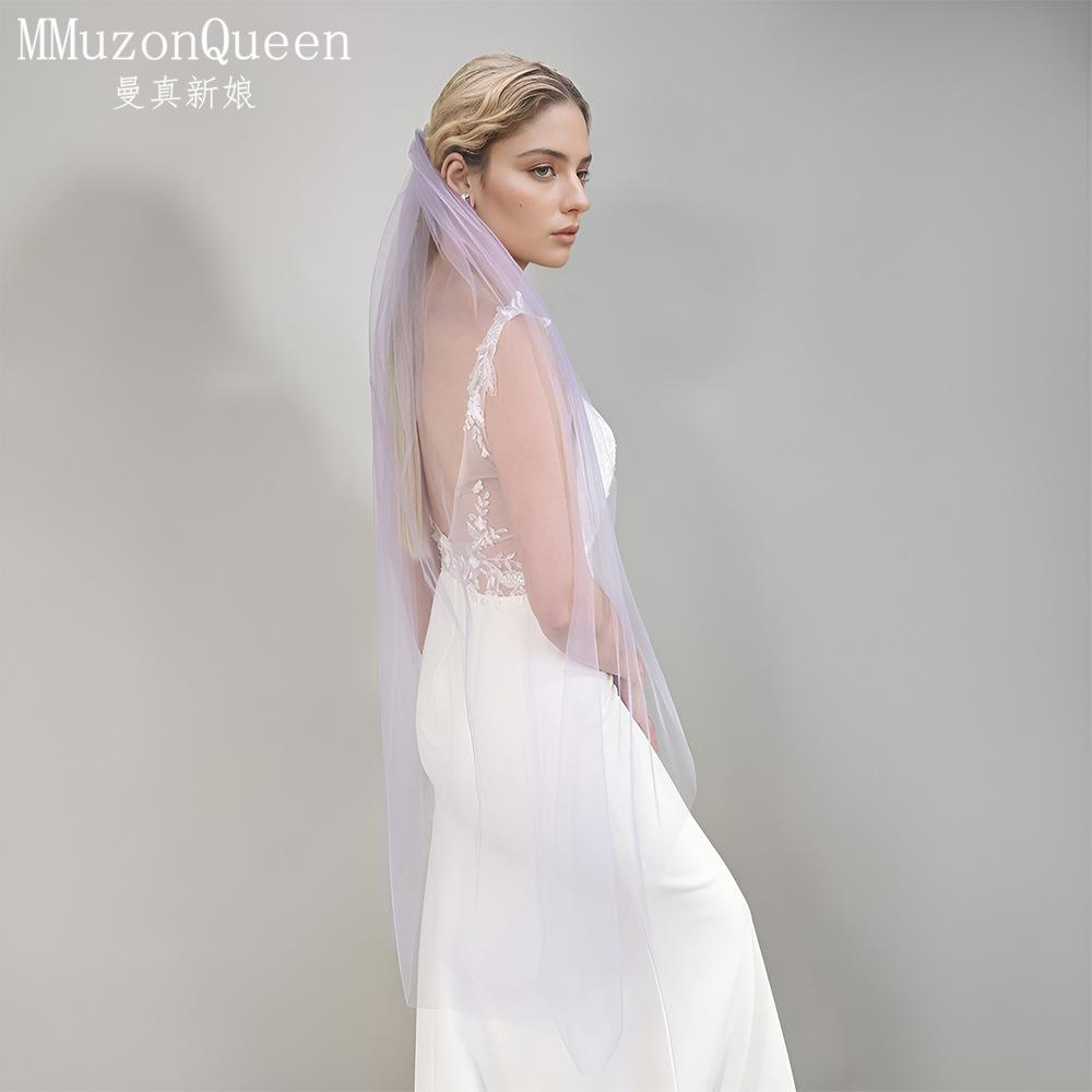 Plain Solid Color Tulle Bridal Veil Single Layer Soft Flowy Simple Wedding Veil White Lavender Light Blue Floor Length Veil For Bride Elopement Shoot