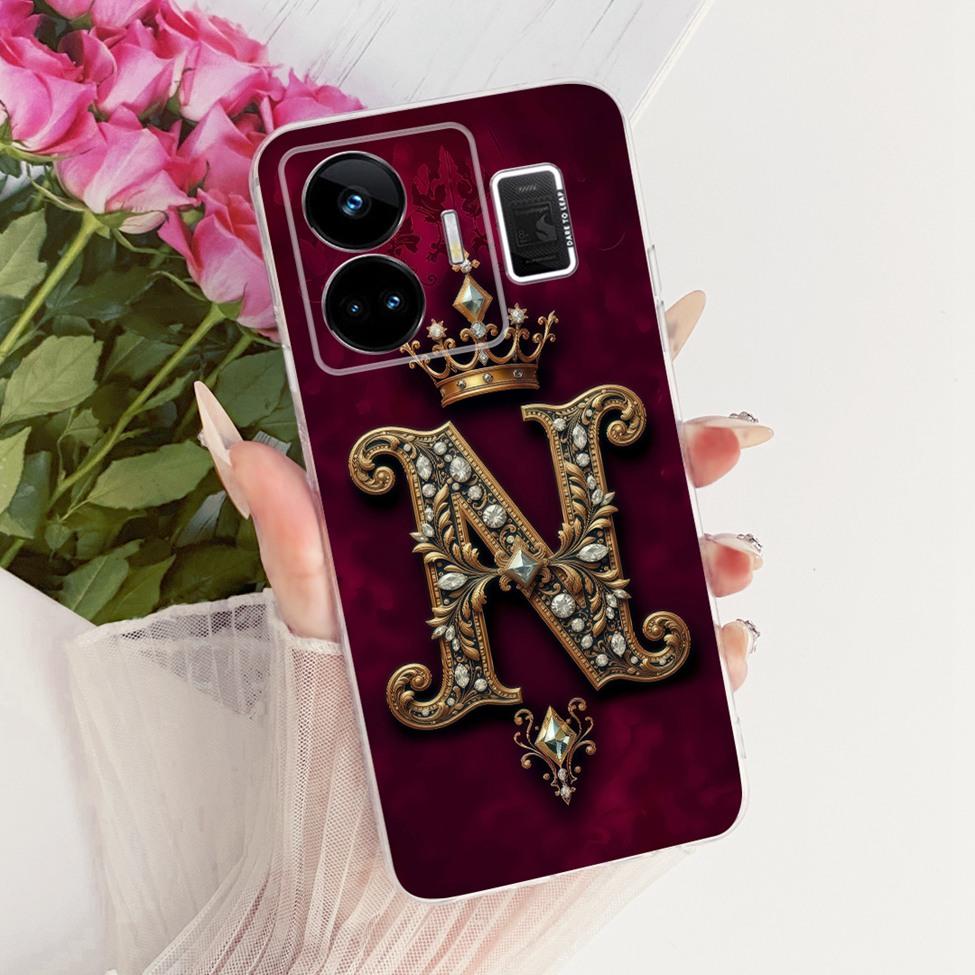 For Realme GT Neo 5 Case Transparent Luxury Crown A-Z Letters 2D Flat Pattern Soft Phone Case For Realme GT Neo5 RMX3706 Cover