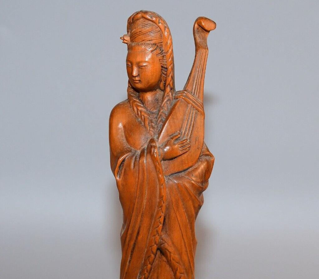 Chinese Antique Boxwood Carved Beautiful Woman Statue Sculpture Home Decor Art