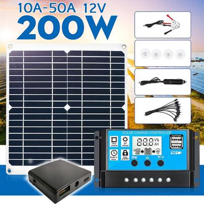 Dual USB Solar Panel Monocrystaline Solar Cells Solar Panel with 10-50A Controller for Car Yacht RV Battery 200W 12V
