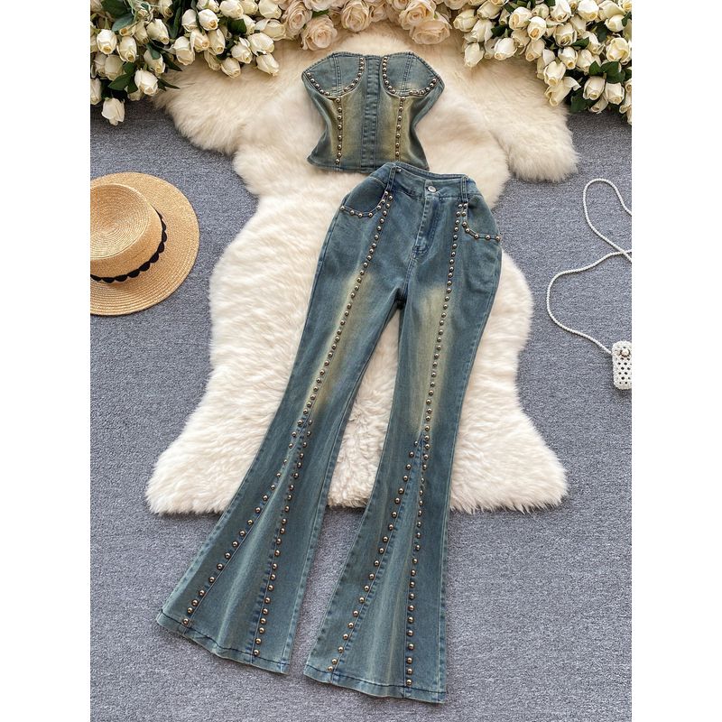 American Retro Denim Tube Top Bootcut Pants Beaded