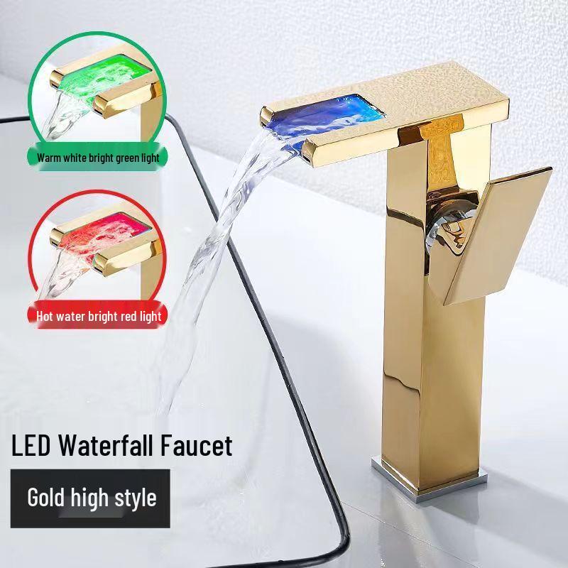 TLXT Gold LED Waterfall Basin Faucet
