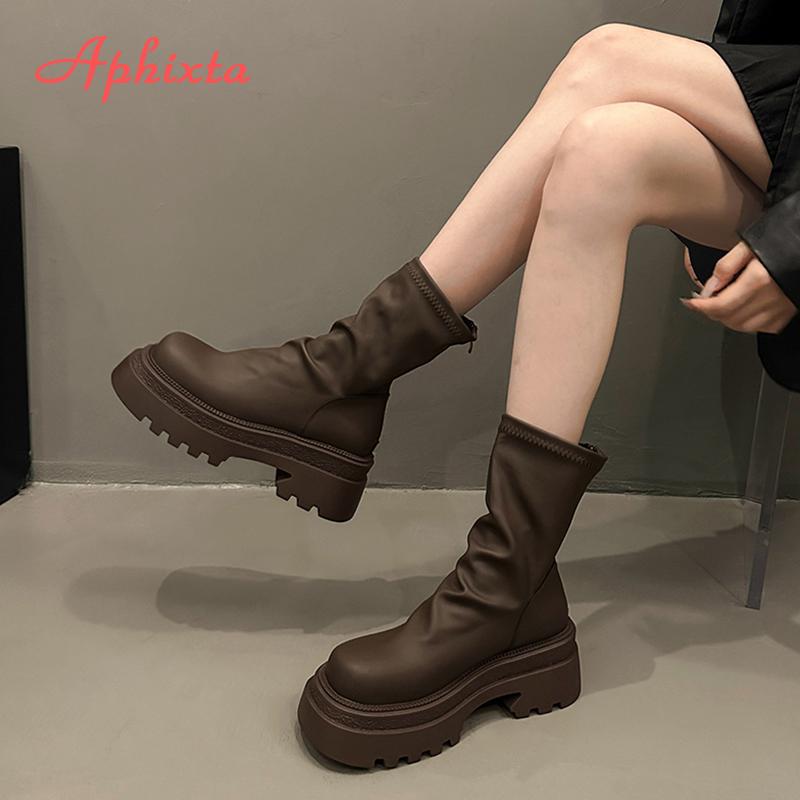 Aphixta Pleated Soft Leather Women Ankle Boots Back Zipper Close Platform Modern Boot Shoes Woman Boats Botines Para Mujeres