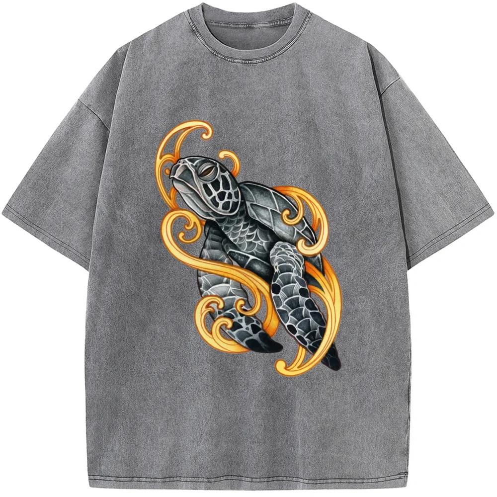 Turtle Printed Men/Women Washed T-Shirt Cotton Funny Loose Bleached Tshirt Retro Hip Hop Bleach T Shirt Tops
