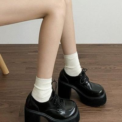 Woman Loafers Shoes 2025 Casual Chunky High Heels Pumps All-Match Roman Style Lace-Up Round Toe Autumn Black Shoes