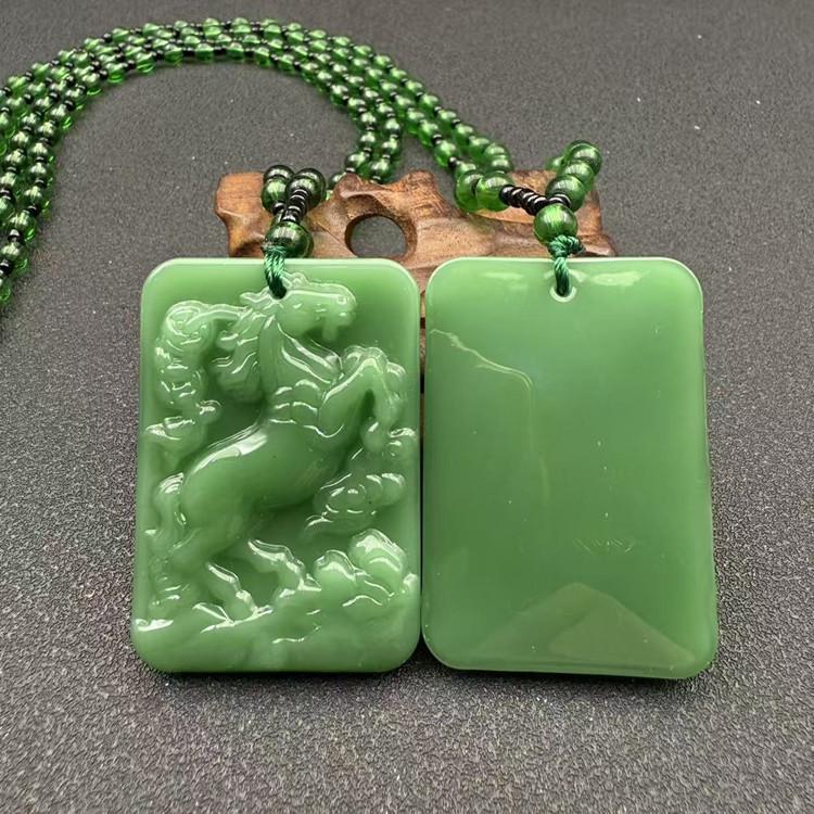 Imitation Jade Horse Pendant with Money Symbol in Spinach Green Glaze and Zodiac Horse Sweater Chain