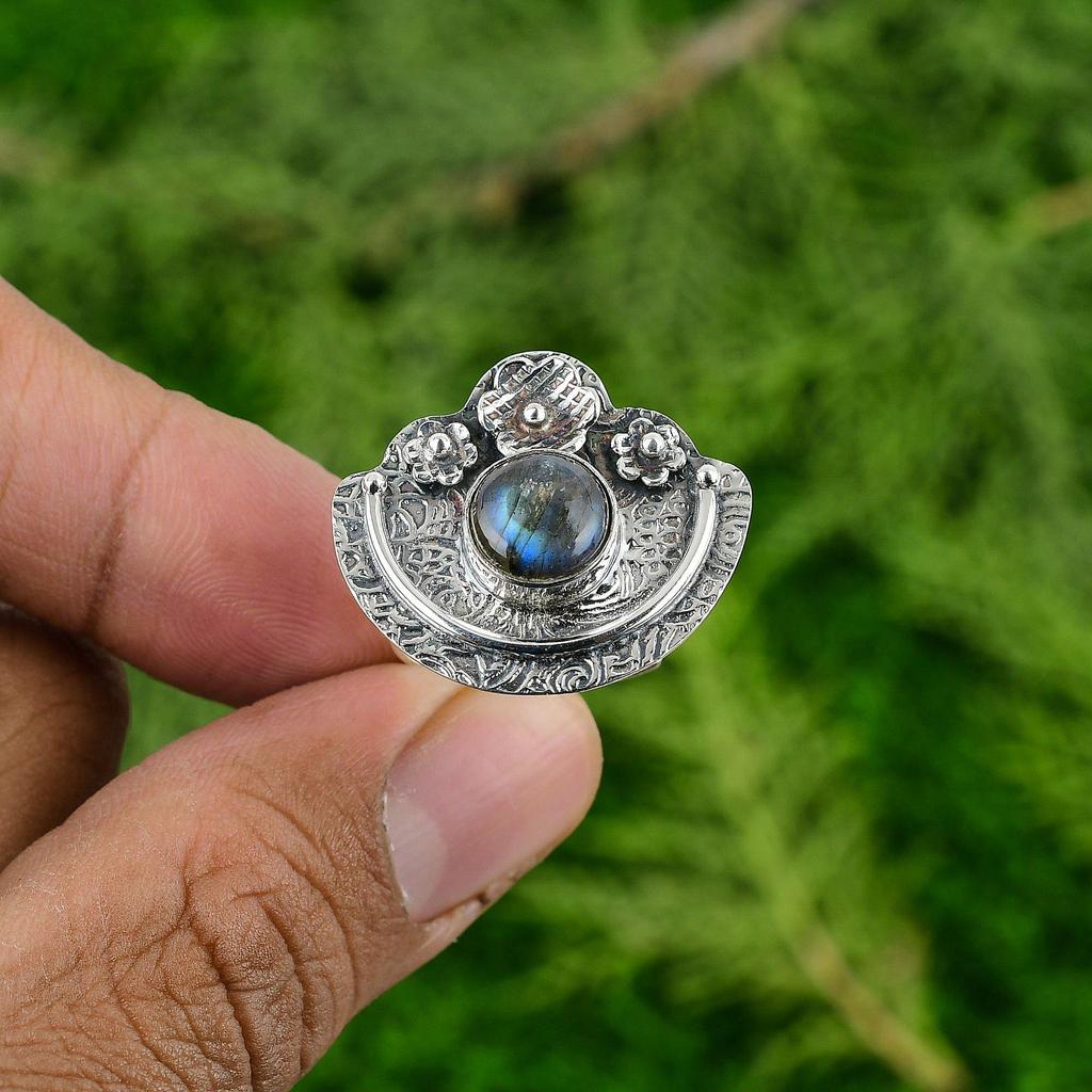 Natural Labradorite Flower Statement Stackable Boho Ring Jewelry Sterling Silver
