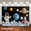 2D Outer Space Planets Astronaut Backdrop, Galaxy Theme Kids Birthday Party Photo Booth Banner