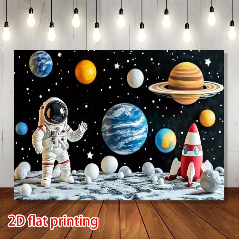 2D Outer Space Planets Astronaut Backdrop, Galaxy Theme Kids Birthday Party Photo Booth Banner