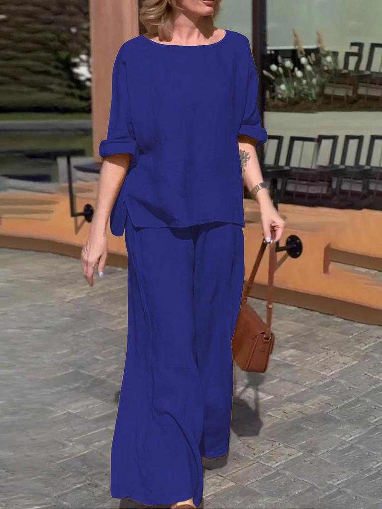 European & American 2025 Fall Women's Cotton Linen Solid Color Loose Casual Two-Piece Pant Suit