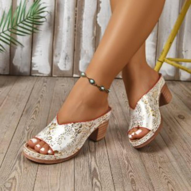 Women's Chunky Heel Peep Toe Sandals, Printed Platform Summer Slides, Plus Size Fashion Open Toe Shoes