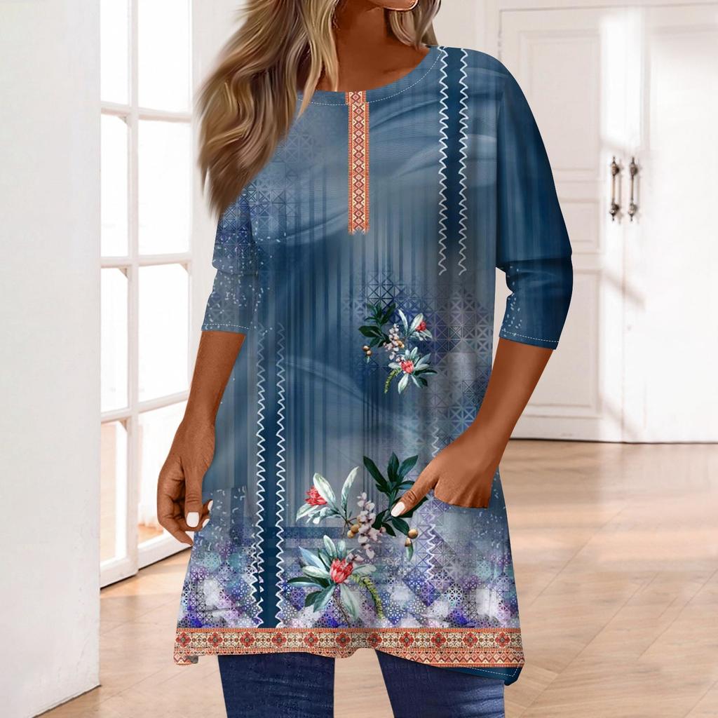 3/4-ermetopper for kvinner T-skjorte Casual Print Topper T-skjorte Rund hals Pullover Bluse