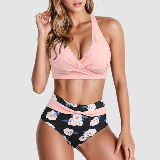 Zweiteilige Badeanzüge, modischer Damen-Bikini mit hoher Taille, Push-Up-Vintage-Badeanzüge, Neckholder-Oberteil, Bauchkontrolle, gerüschte Unterseite