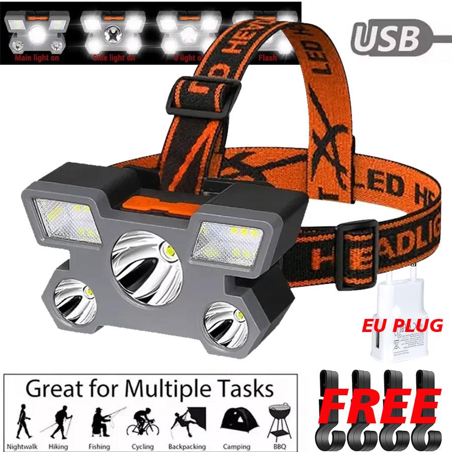 Powerful USB Rechargeable Head Flashlight for Fishing Led Headlamp 5LED Camping Headlights Hunting Torch Hiking Front Lanterns