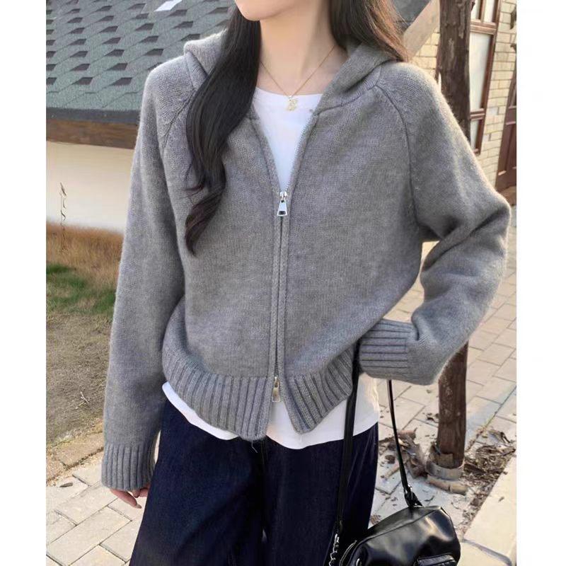 Women's Hooded Wool Cardigan Jacket - Cozy, Fashionable Sweatshirt for Autumn/Winter