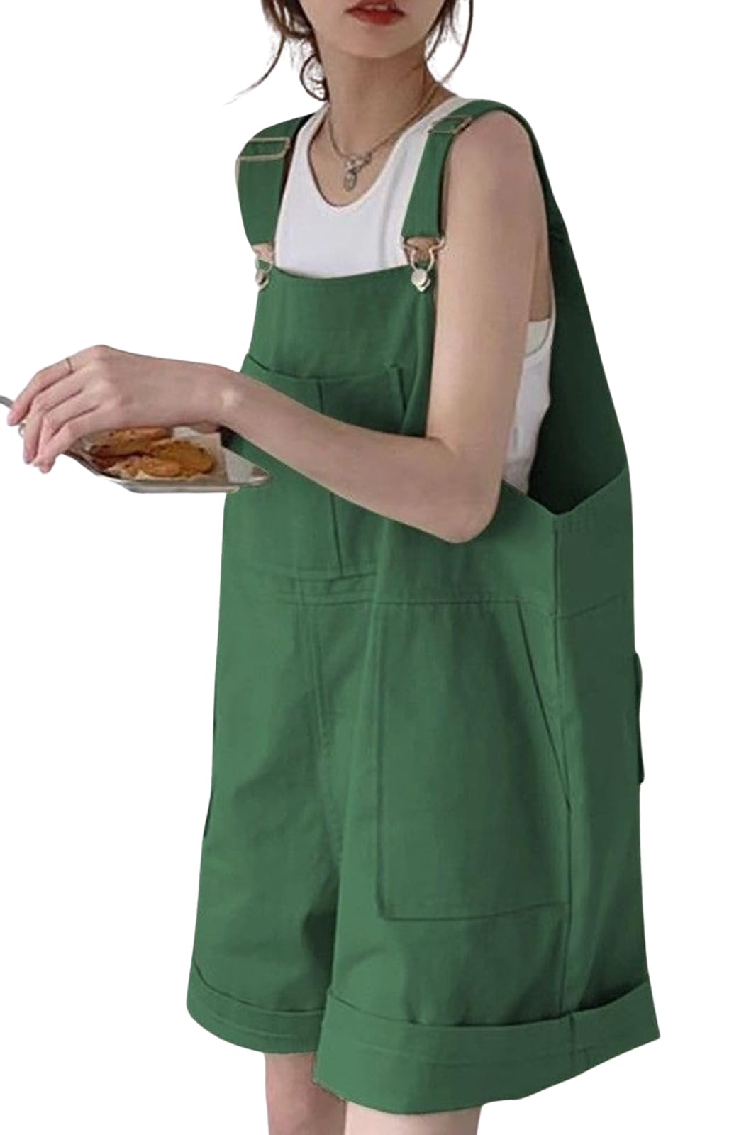 Женский летний комбинезон Maison de TAO, шорты, свободный крой, однотонный деним, повседневный, стройнящий, корейский стиль (Зеленый, Размер XL)