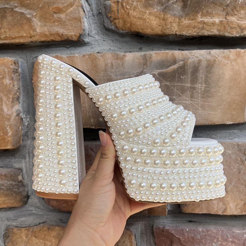 Fashion 2025 New Handmade Full Rhinestones Platform Wedges Women Slippers Sandals Fashion Summer High heels Mules Slides Chunky Shoes