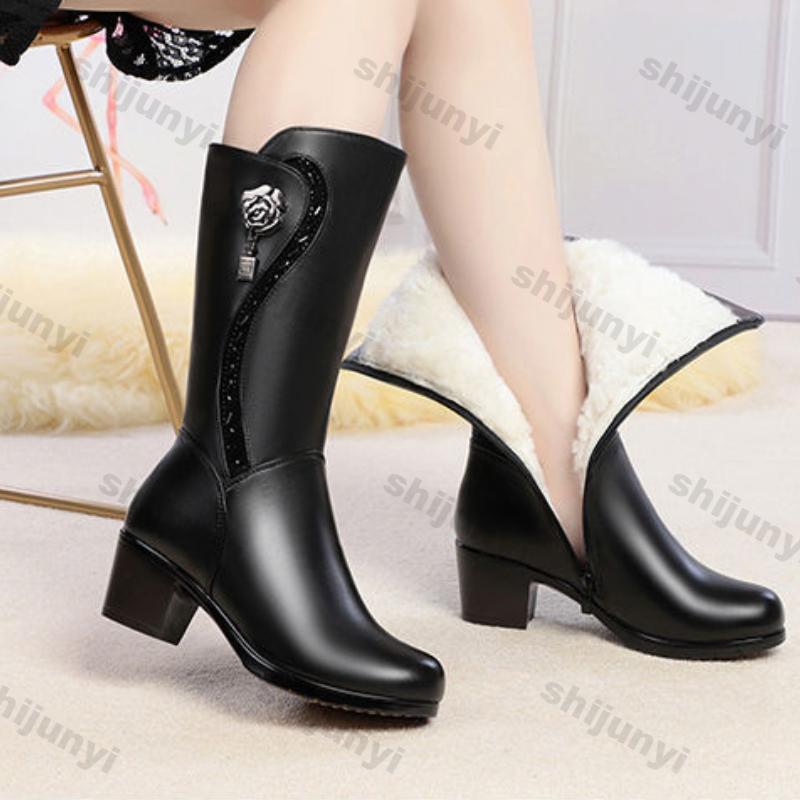 Fashion Women Pointed Toe Knee High Boots Winter New Trend Chunky Pumps Fashion Mid-calf Fleece Warm Shoes Ladies High Heel Cotton Shoes