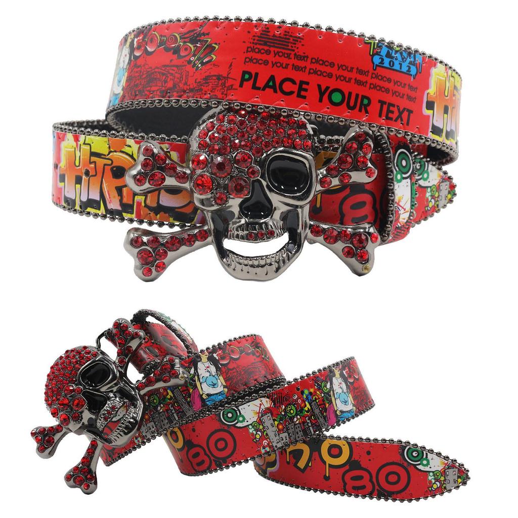Cintura in Pelle con Teschio Graffiti e Strass: Stile Europeo e Americano Versatile