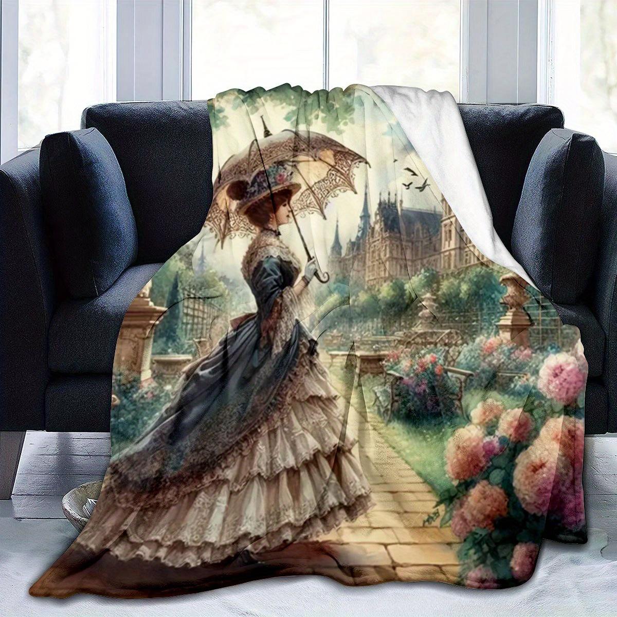 Victorian Garden Lady Castle Flannel Blanket, Soft Warm Luxury Throw for Couch Bed Travel Elegant Design 75X95CM