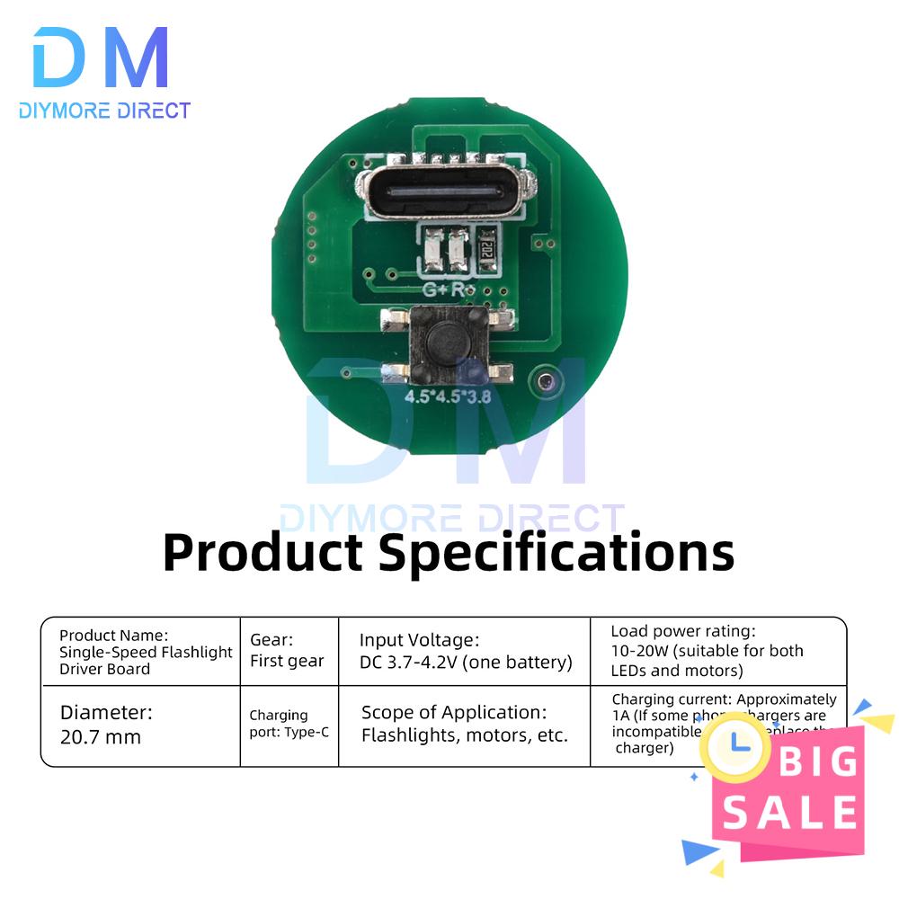DC 3.2-4.2V 10-20W LED Flashlight Driver Board Type C Charging 1-Mode Constant Current Driver Module for Torch DIY Motor