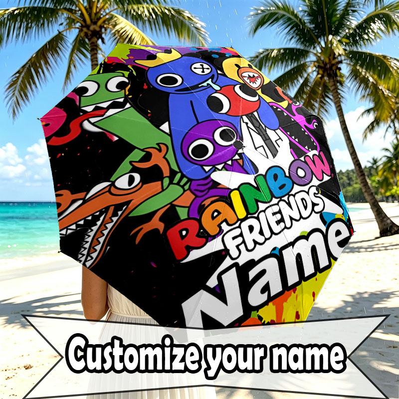 Custom Name Personalized Game Rainbow Friends Print Umbrella, Auto Open Close, 8‑Rib Sturdy Frame, Commute Camping Hiking Use, Birthday Gift