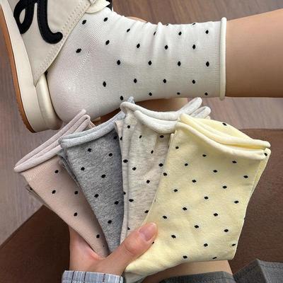 Women's Retro Polka Dot Cotton Rolled Hem Mid-Calf Slouchy Socks - Breathable & Soft