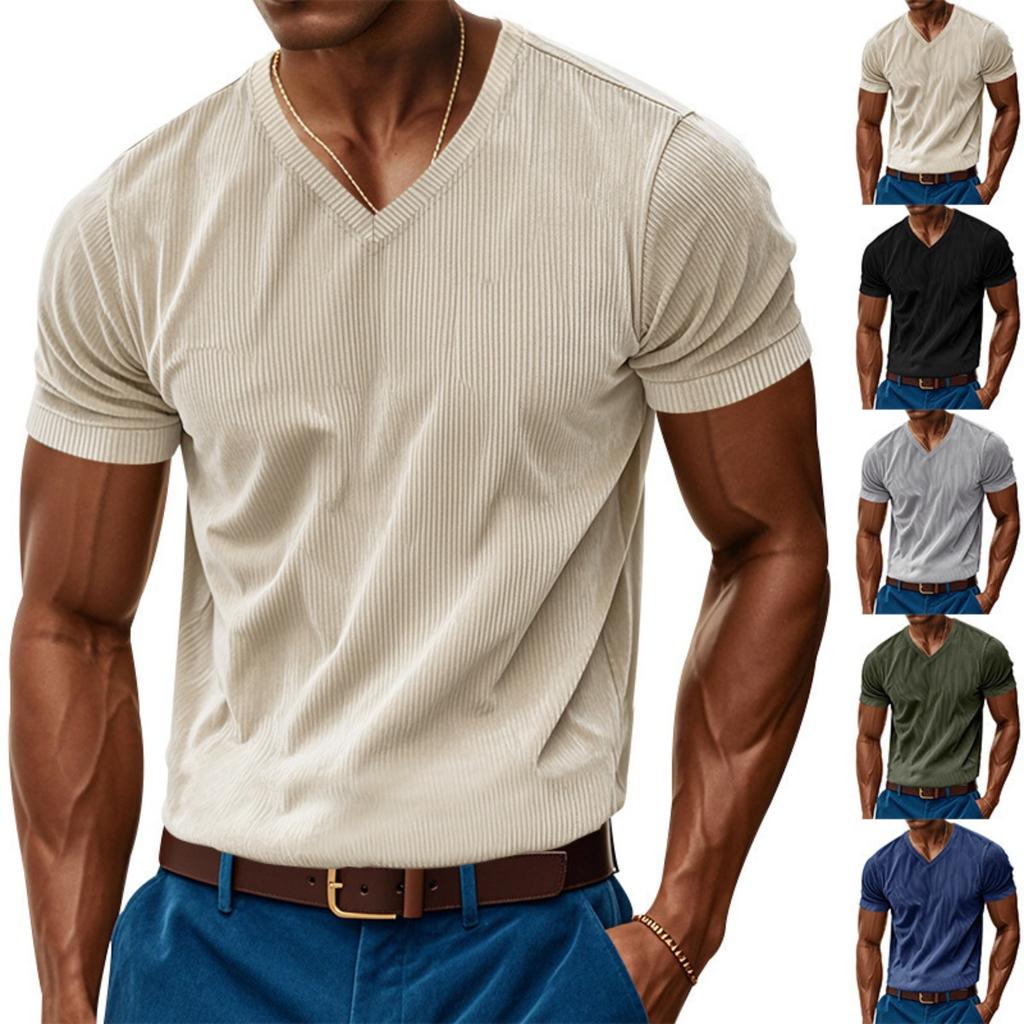 Men's American Style Loose Casual V-neck Short Sleeve Corduroy T-shirt Skin-friendly Amekaji Tee Summer