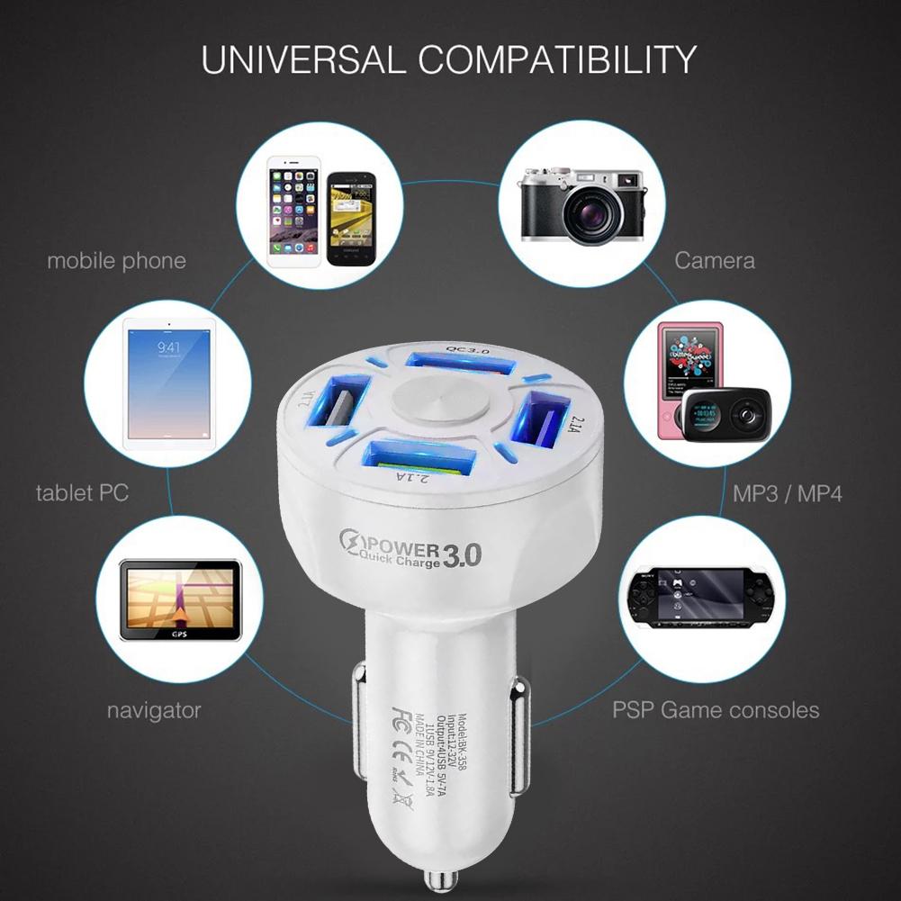 4 Port Car Charger Adapter Quick Charge Blue Light Power Adapter 35W/66W Car Phone Charger Fast Charging QC 3.0 Cell Phone Parts